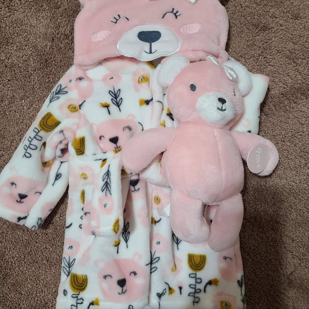Pink Bear Hooded Fleece Robe with Matching Plush Toy for Kids